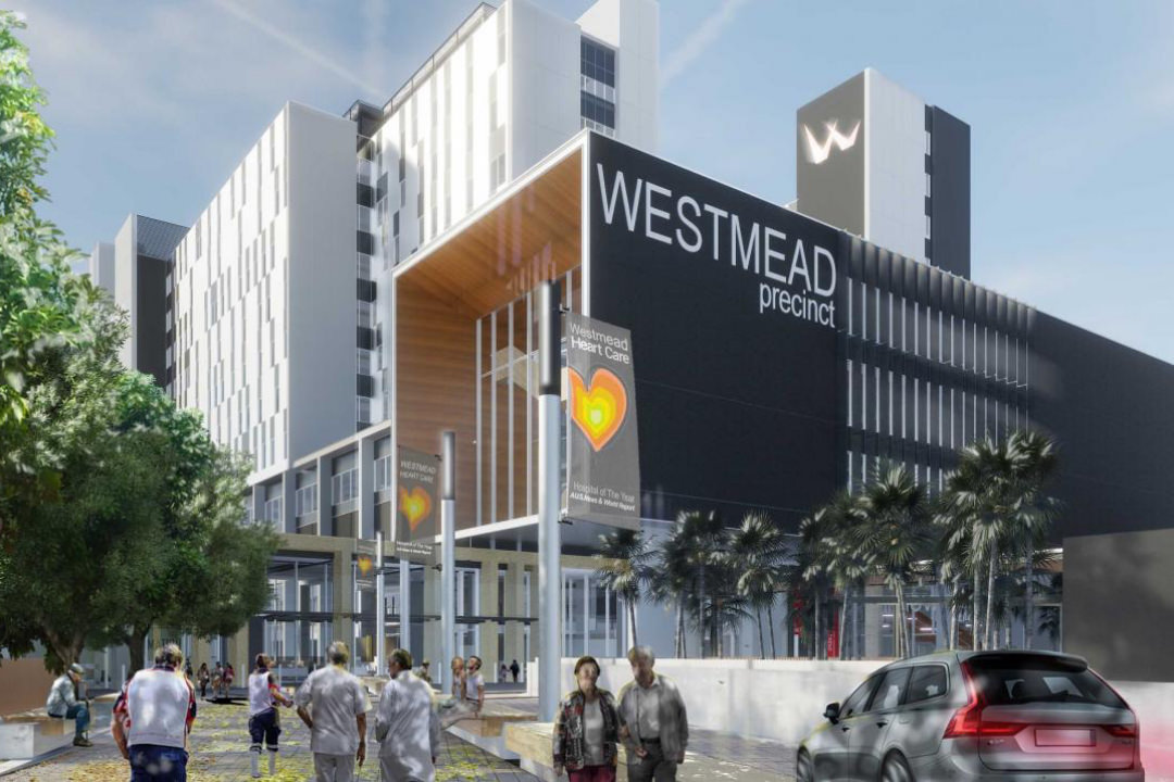 Architectural rendering of the entrance of the new Westmead Hospital. Illustrated are doctors, patients and residents moving throughout the leafy green pathways as well as vehicular access for urgent medical attention. 