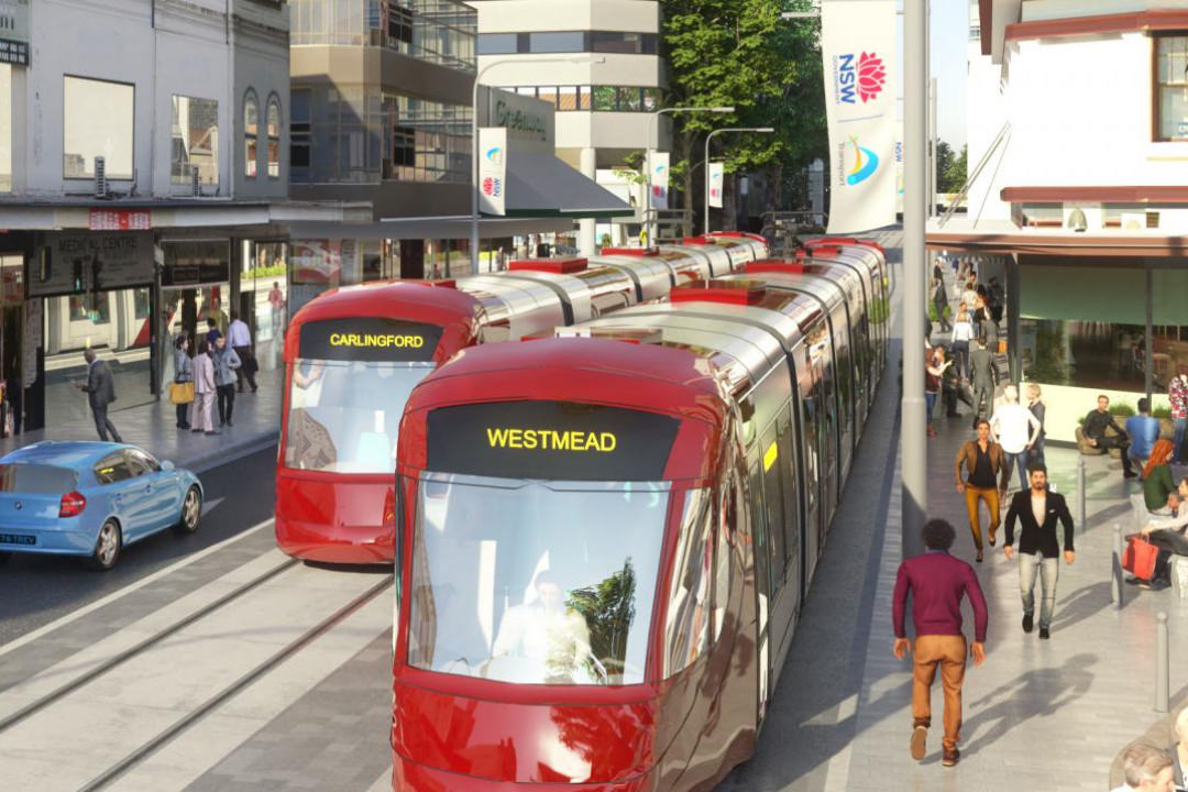 Artists Impression of Two Parramatta Light Rail Front Carriages Travelling through Macquarie Street. One is bound for Westmead as is illustrated in the electronic signage on the front carriage of the train. 