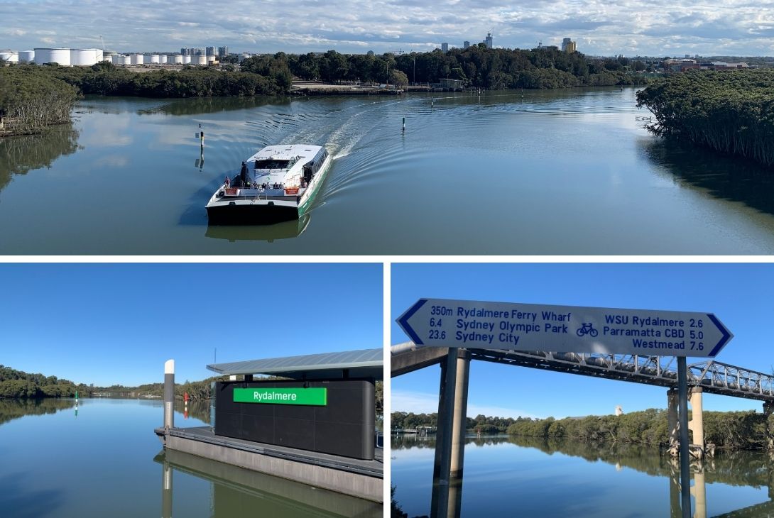 Rydalmere ferry wharf, ferry and sign